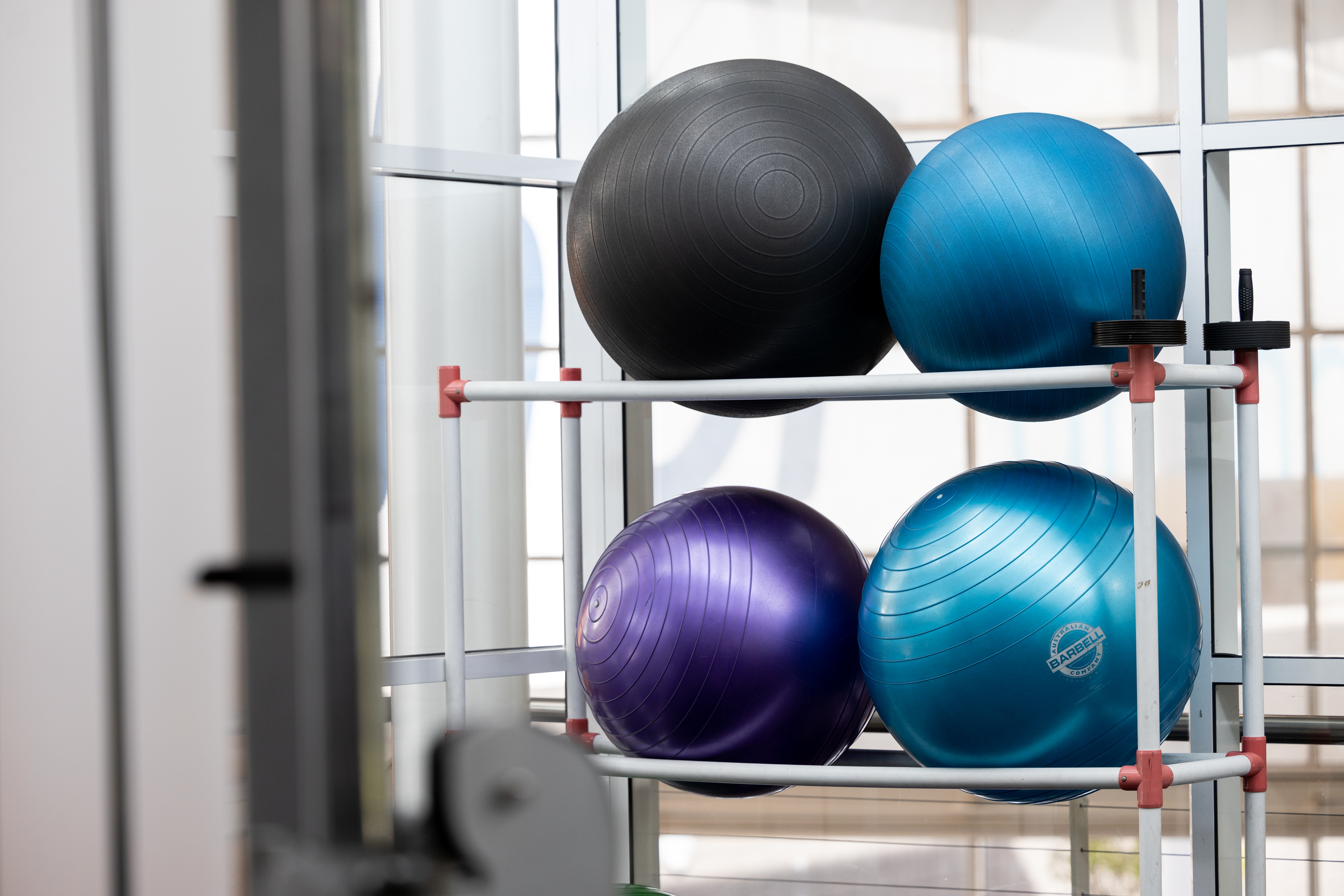 A photo of different sized exercised balls