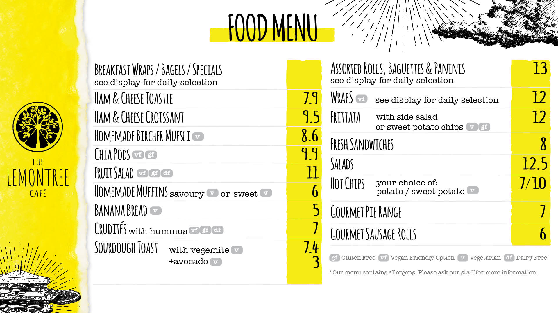 Part of the menu available at the Lemon Tree Cafe located inside Arena Joondalup