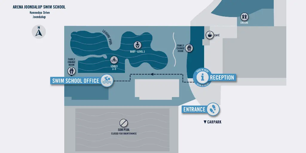 A map of the layout of Arena Joondalup and how to get to the Swim School office